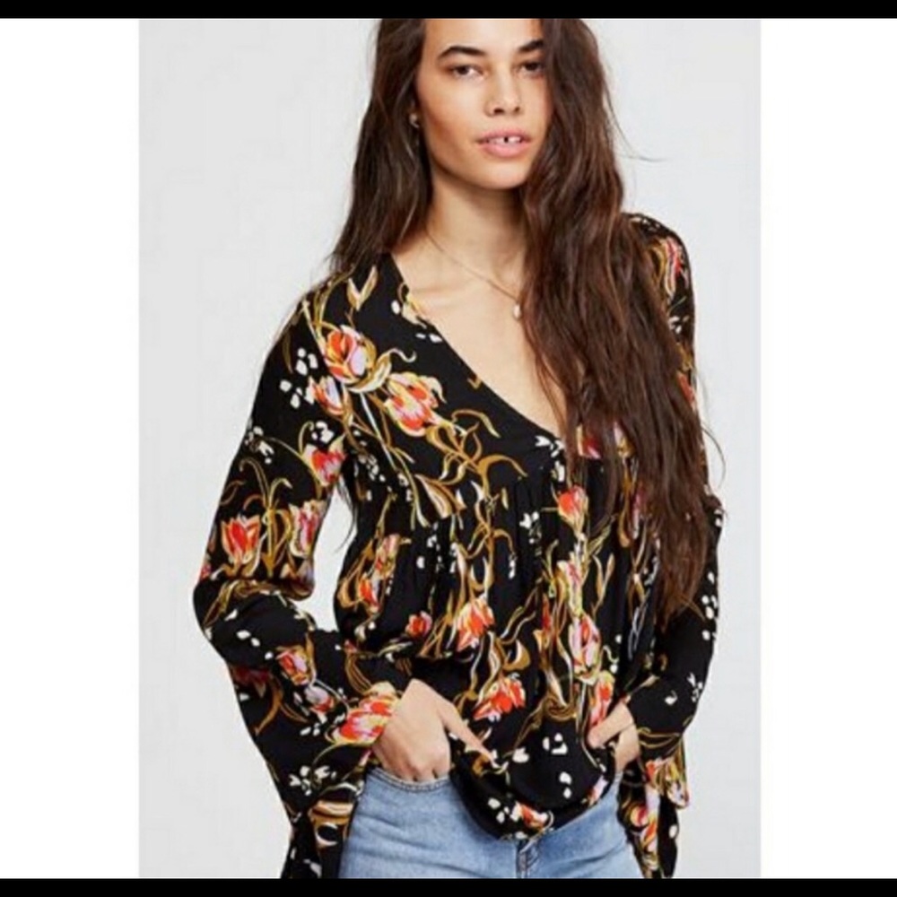 Free People Bella Floral Oversized Tunic Blouse Long Sleeves Black Size Small